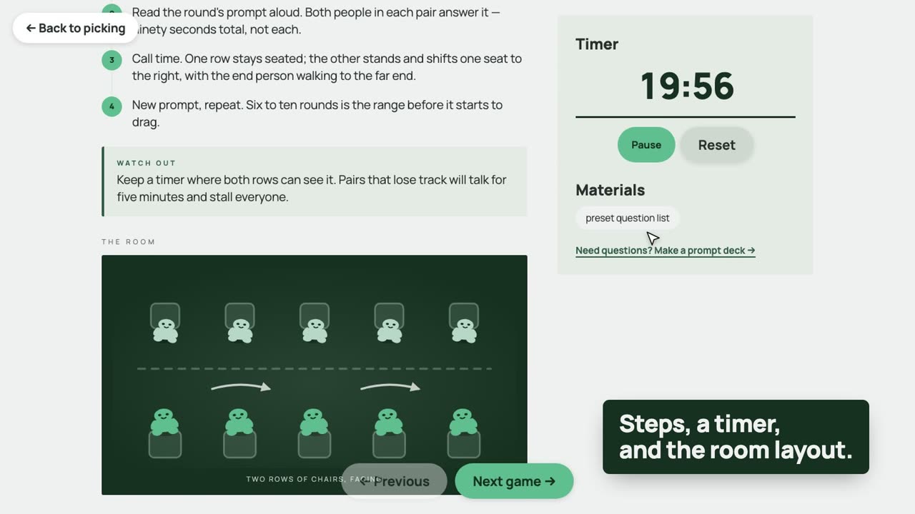 Peppermint: a cabinet of icebreaker cards and a meeting runsheet with a timer